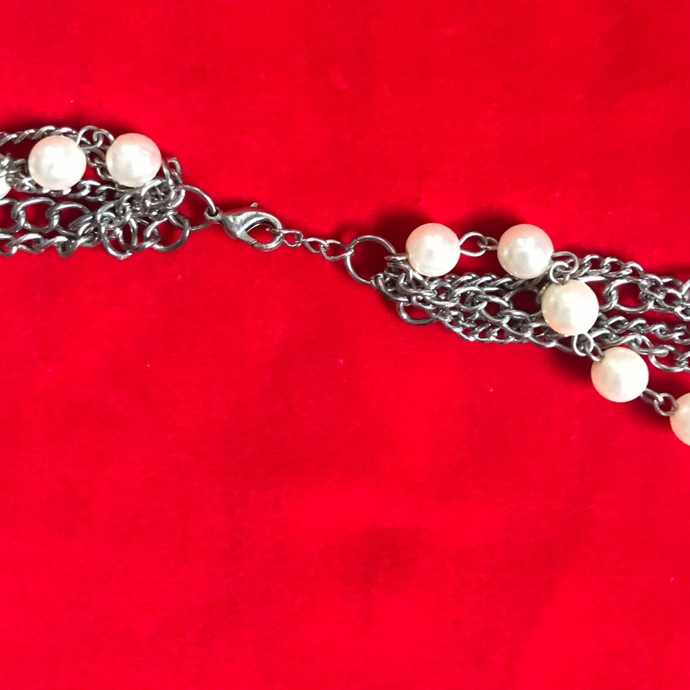 Cuban Link Convertible Layered Row Drape Curb Pave Pearl Silver Chain Necklace - Picture 4 of 6